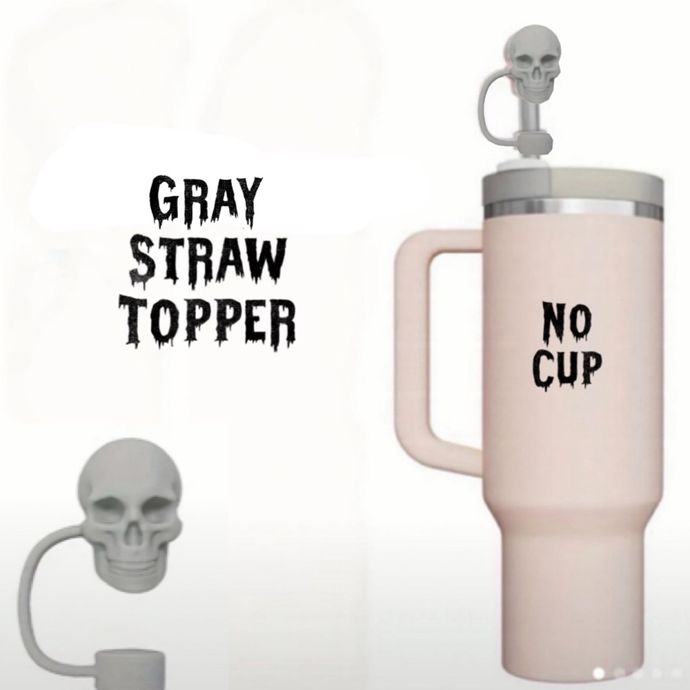 Straw Cover, Topper, 10mm Straw, GRAY Skull, Halloween, NEW, Germ/Dust/B…